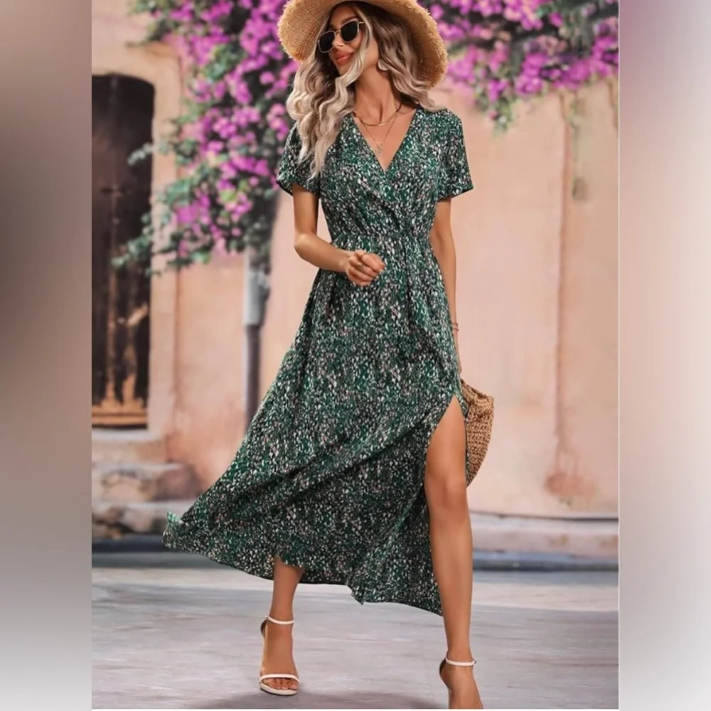 Short Sleeve MAXI DRESS with Split and Belt Women’s Size Small Green and pink - Picture 2 of 6